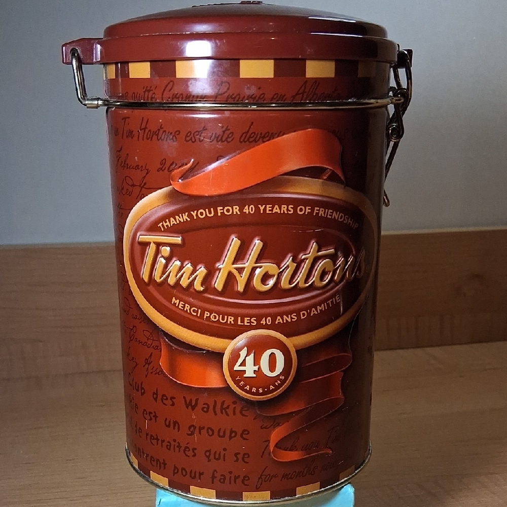 Tim Hortons 40th Anniversary Ltd Edition Tin Canister With Hinged Lid 2004 - 7”
